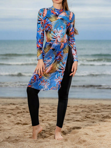 Women's Long Sleeve One-Piece Swimsuit With Tropical Plant Print