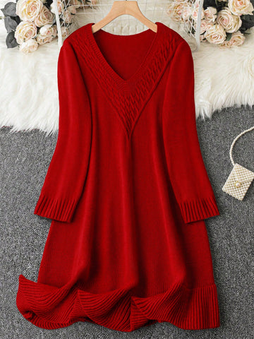 Plus Size Solid Color Casual Knitted Sweater Dress