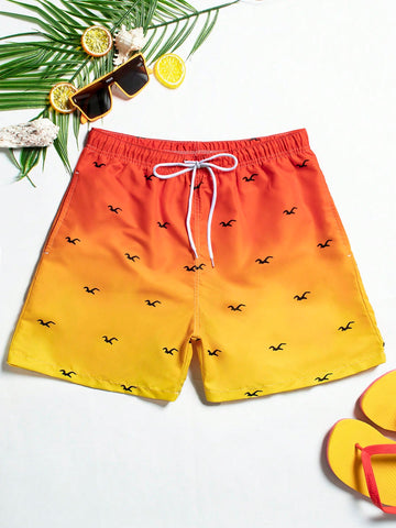 Men's Seagull Print Gradient Color Drawstring Waist Beach Shorts