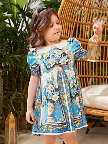 Little Girls' Baroque Printed Puff Sleeve Dress