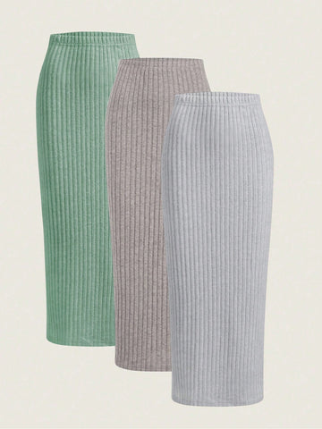 3pcs Elastic Waist Ribbed Knit Skirt