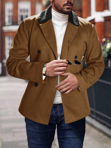 Men's Color Block Lapel Double-Breasted Woolen Coat