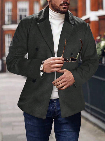 Men's Double Breasted Woolen Coat With Patchwork Collar
