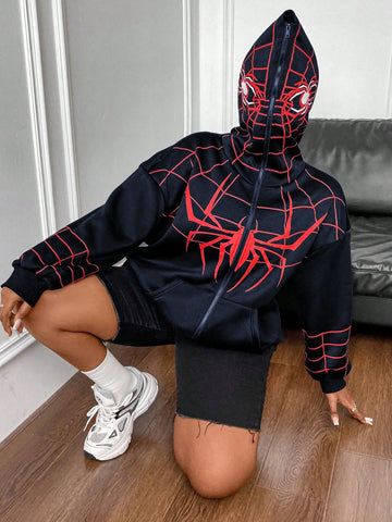 Plus Size Spider Web Printed Hoodie With Kangaroo Pocket And Upward Zipper