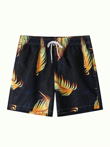 Men'S Mesh Lining Beach Shorts With Leaf Pattern