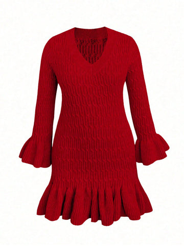 Plus Flounce Sleeve Ruffle Hem Sweater Dress