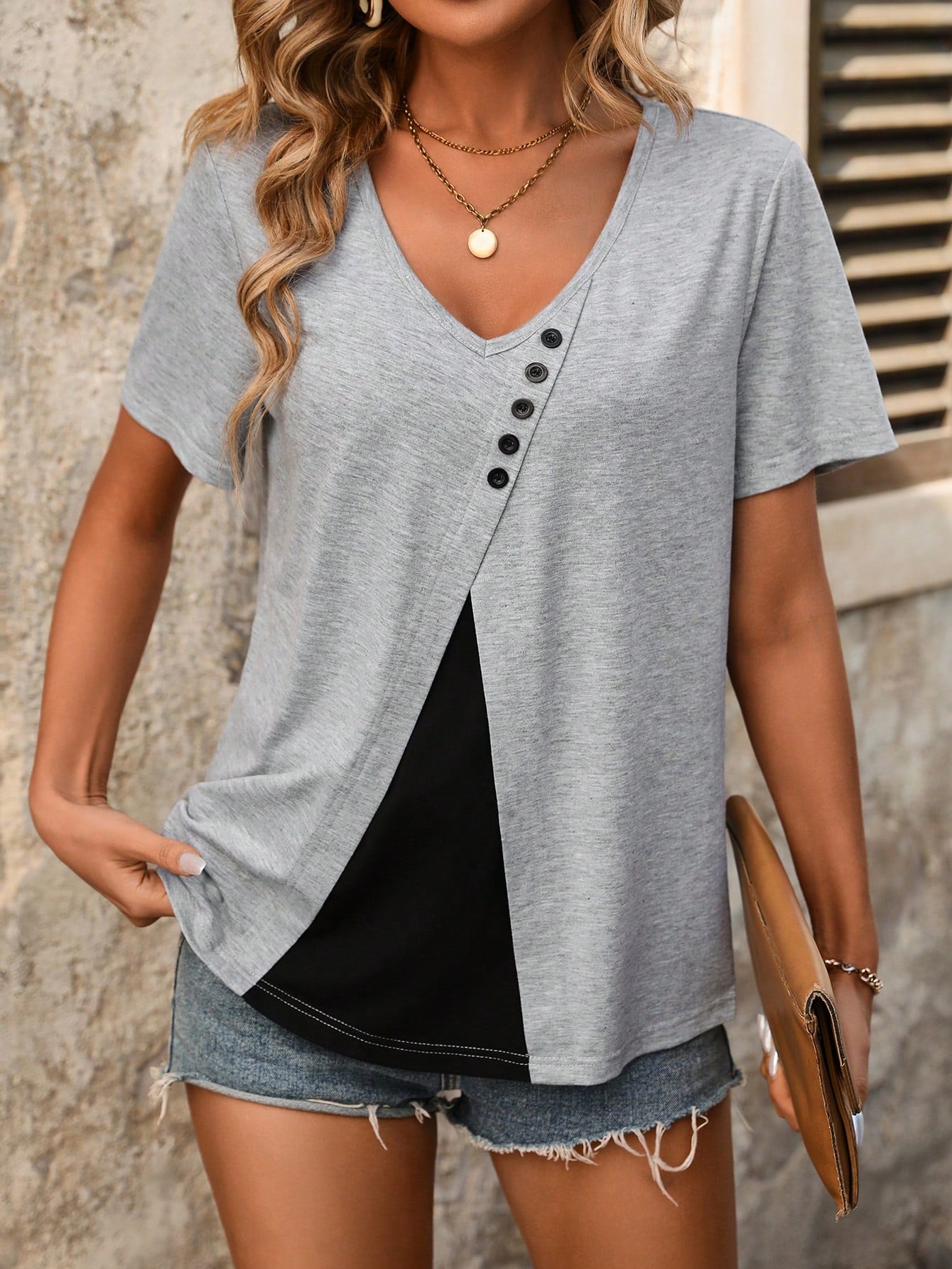 V-Neck Short Sleeve T-Shirt With Button Decorations