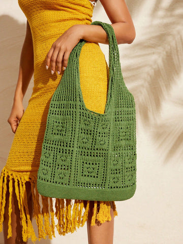 Fashionable Ladies' Green Woven Handbag,Crochet Bag,Perfect For Summer Beach Travel Vacation,For Outdoor,Holiday