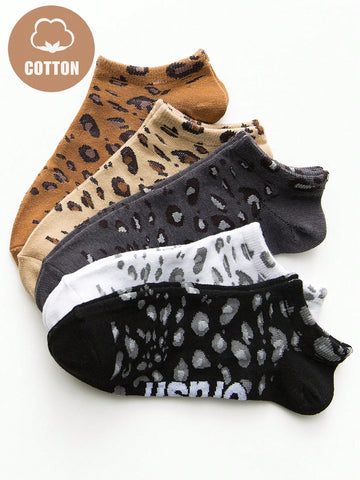 Ladies Leopard Print Short Socks Set (5 Pairs)