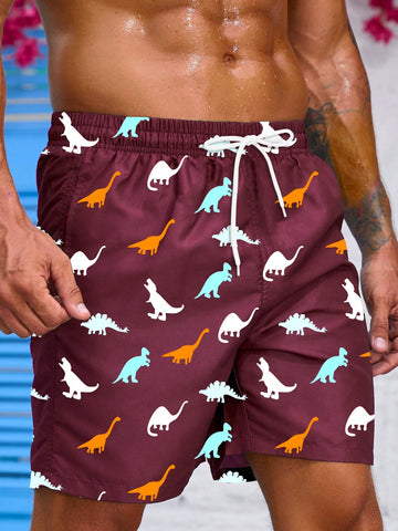 Men's Dinosaur Printed Drawstring Waist Beach Shorts