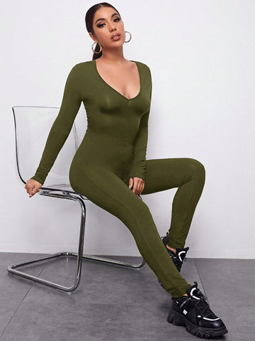 Women'S Solid Color Long Sleeve Bodycon Jumpsuit