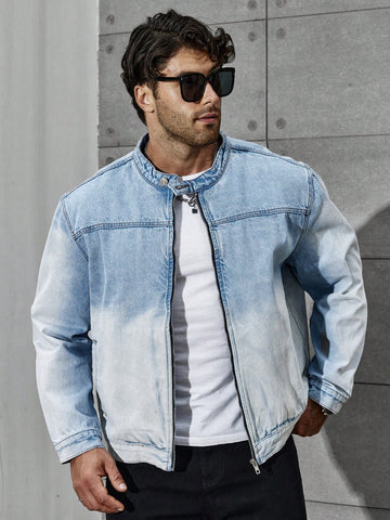 Men'S Plus Size Gradient Denim Jacket With Front Zipper