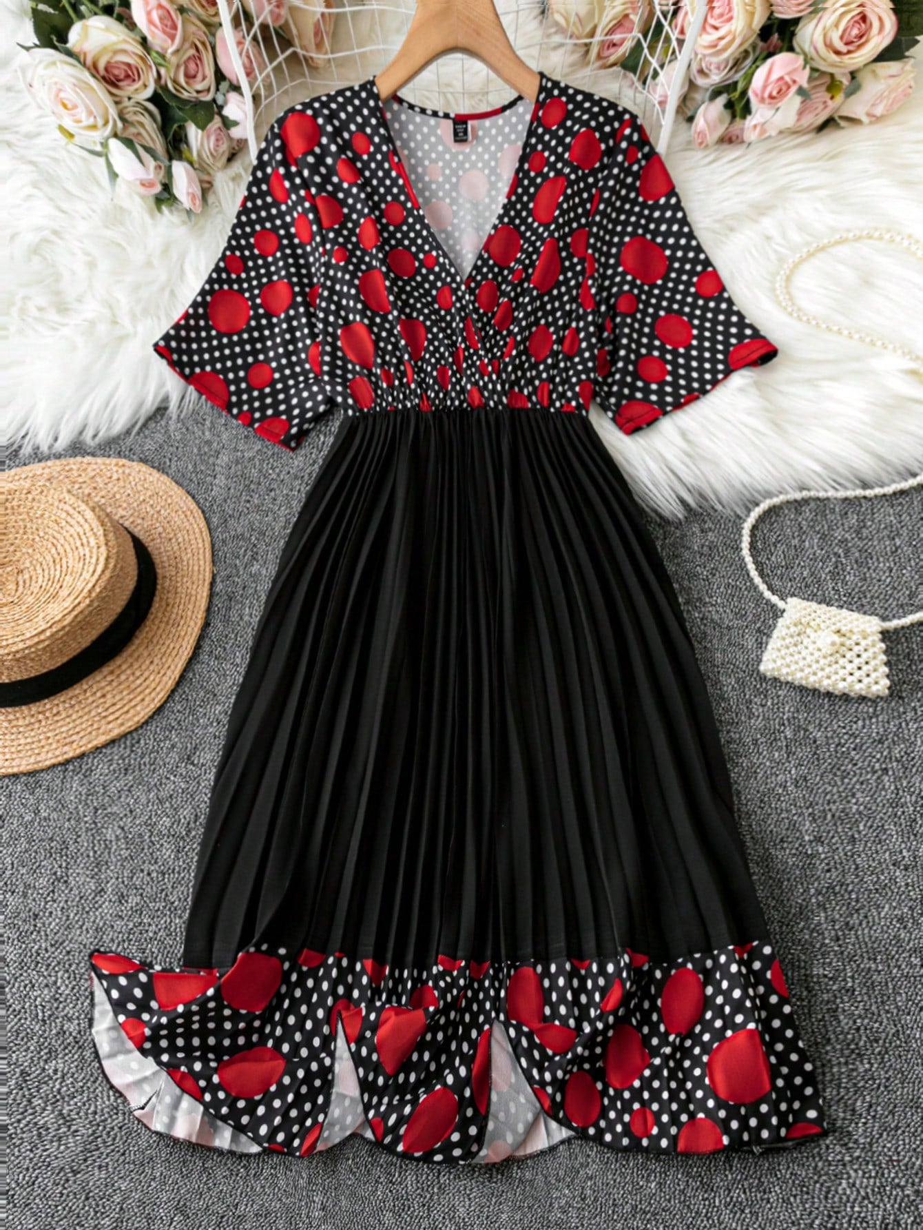 Plus Size Polka Dot Printed Wrap Neckline Dress