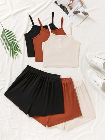 Ladies' Solid Color Cami Top And Shorts Set