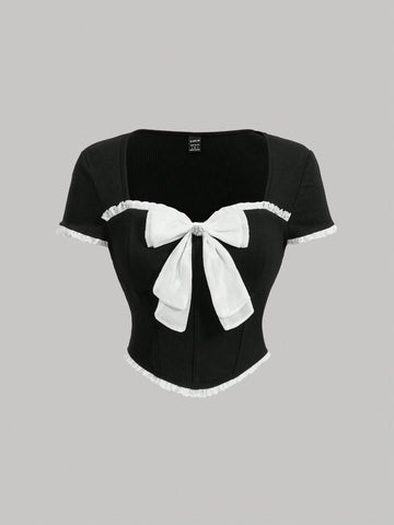 Women's Lace Hem Bow Bow Decorated T-Shirt