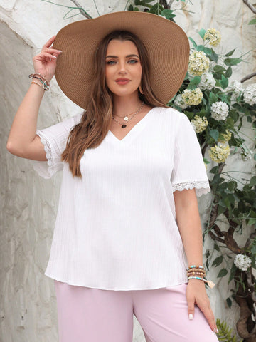 Plus Size Summer Holiday White Embroidered Sleeve Beach Blouse