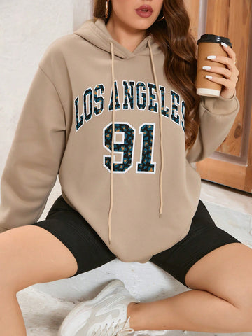 Plus Size Hooded Sweatshirt With Letter And Number Print And Drawstring