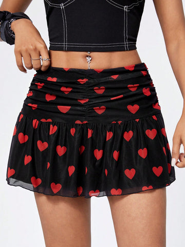 Pleated Detail Heart Mesh Overlay Skirt