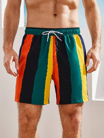 Men's Drawstring Waist Swim Shorts With Diagonal Pocket