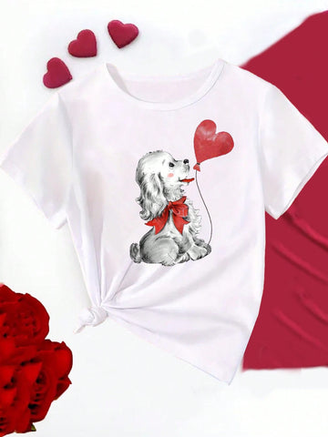 Dog Print Crew Neck T-Shirt, Valentine Casual Short Sleeve Top Balloon Tee For Spring & Summer, Women's Clothing