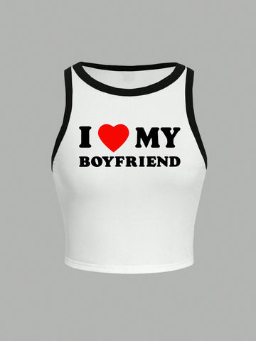 "L Love My Bovfriend" Essnce Women'S Tight-Fitting Tank Top For Summer With Slogan Print And Round Neckline