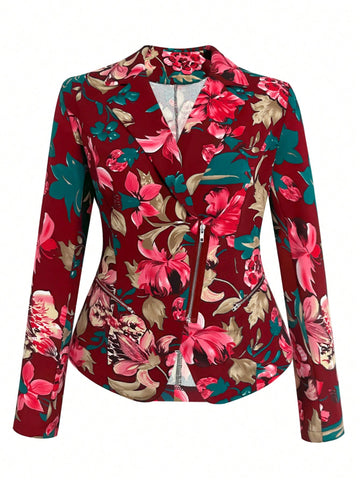 Women's Plus Size Floral Printed Lapel Collar Zipper Front Blazer Jacket