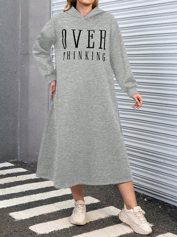 Plus Size Hooded Dress With Inner Warm Lining And Letter Print