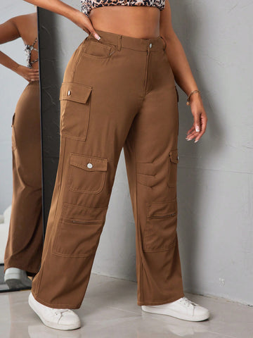 Plus Size Solid Color Flap Pocket Cargo Pants