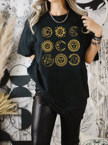 Plus Size Women's Sun Face Printed Round Neck T-Shirt