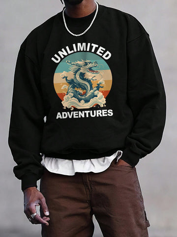 Men'S Long Sleeve Sweatshirt With Letter & Dragon Print