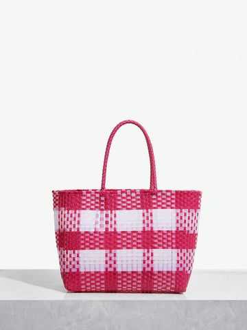 Women's Simple & Versatile Red Plaid Woven Handbag, Tote Bag, Perfect For Shopping, Beach, Vacation Or Holiday