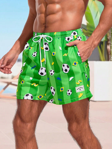 Men's Fashionable Soccer Printed Drawstring Beach Shorts