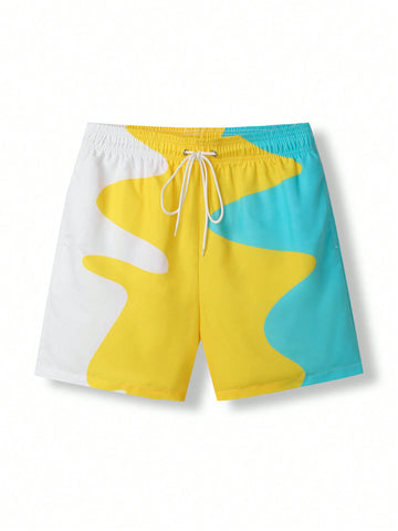 Men'S Beach Shorts With Elastic Waistband And Color Block Design