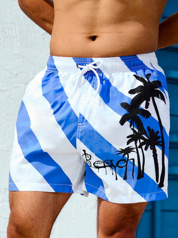 Men'S Beach Shorts With Coconut Tree Print And Drawstring Waist