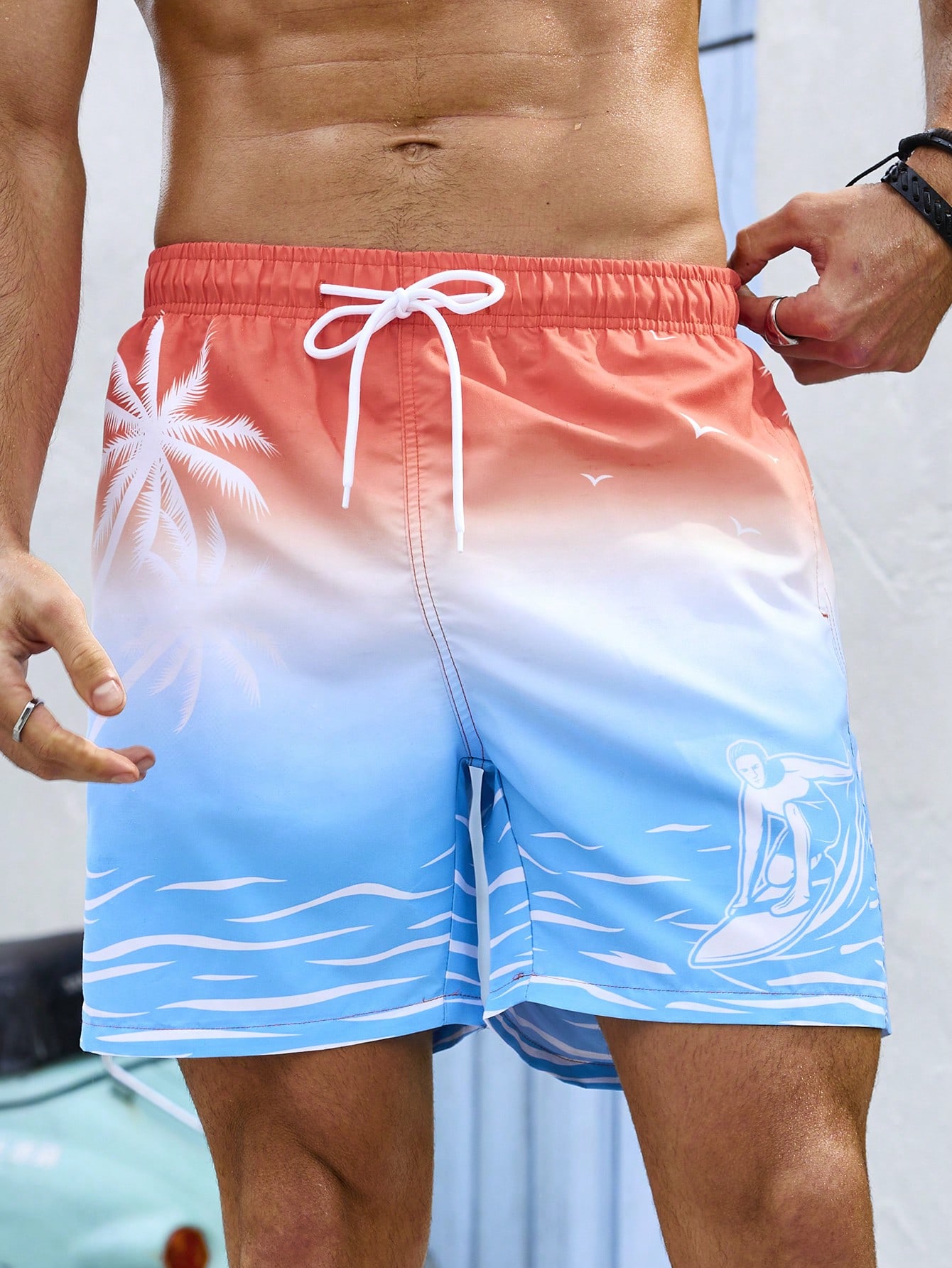 Men'S Coconut Tree Pattern Drawstring Waist Beach Shorts