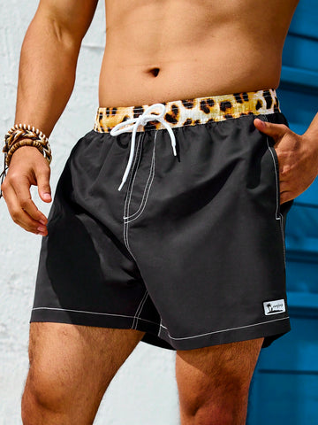 Men'S Leopard Printed Drawstring Waist Beach Shorts With Patchwork Design