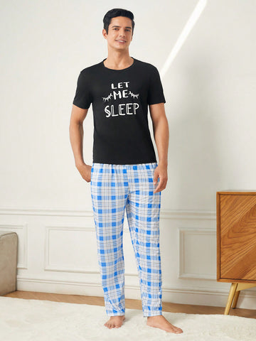 Men's Round Neck Black Short Sleeve Grid Print Long Pants Homewear Set
