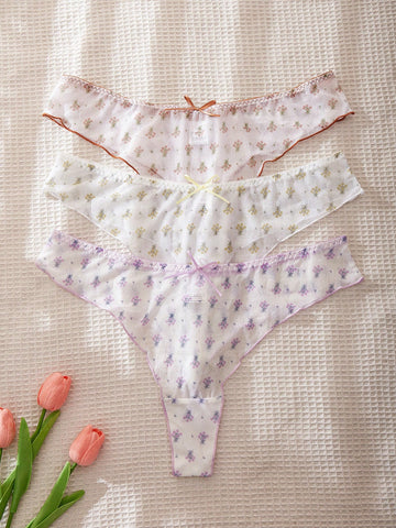 Plus Size Women's Floral Print Panties With Bow Detail
