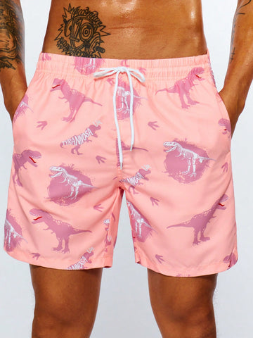 Men's Dinosaur Alphabet Print Drawstring Waist Beach Shorts