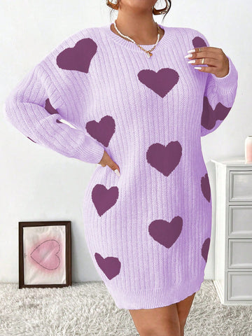 Plus Size Heart Pattern Drop Shoulder Sweater Dress