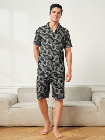 Men's Leisure Button-Down Short Sleeve Printed Shirt & Shorts Homewear Set