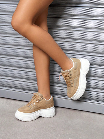 Women's Thick-soled Sport Shoes, Fashionable Casual Shoes, Brown, Round-toe Suede, Autumn/winter, Lace-up, Height-increasing Chunky Sneakers
