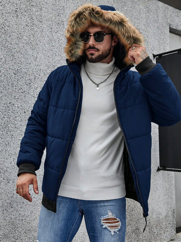 Men's Loose Fit Hooded Padded Jacket With Zipper Closure And Patchwork Trim