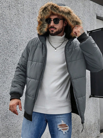 Men's Loose Fit Winter Coat With Zipper Front, Fuzzy Trim Hood
