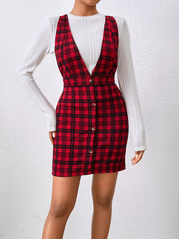 Plaid Print Button Front Overall Dress Without Tee