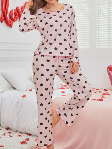 Women's Love Heart Print Contrast Trim Pajama Set