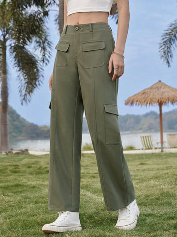 Women's Green Weave Cargo Pants With Pockets
