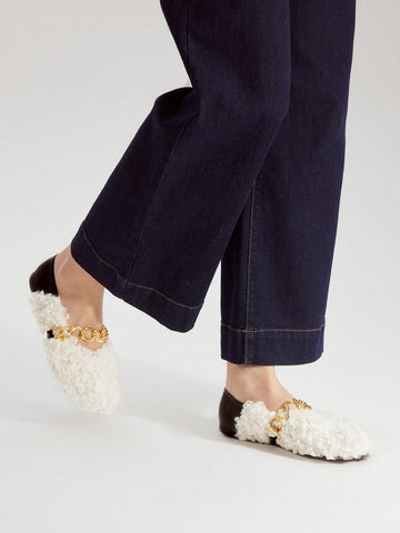 WOMEN'S FLAT SHOES WITH CHAIN DECORATION AND FLUFFY TRIM