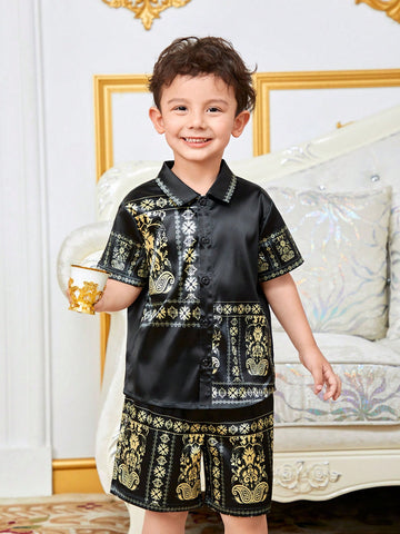 Young Boy Matching Paisley Print Short Sleeve Shirt And Shorts Set With Turn-Down Collar