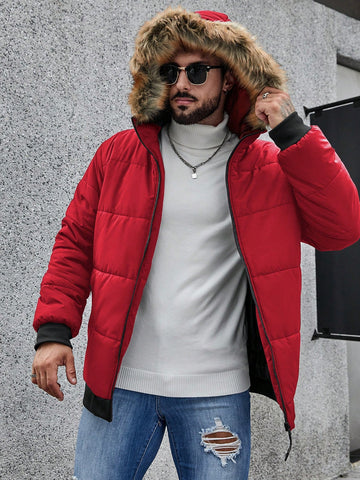 Men's Loose-Fit Hooded Colorblock Quilted Jacket